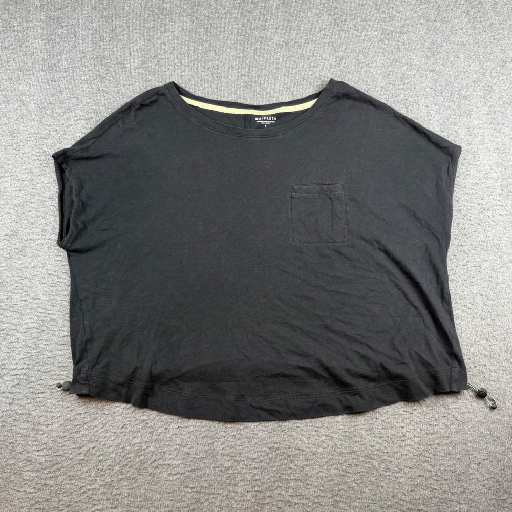 Athleta Pocket Tee Women's Small Black Boxy Drawstring Hem Short Sleeve Cotton